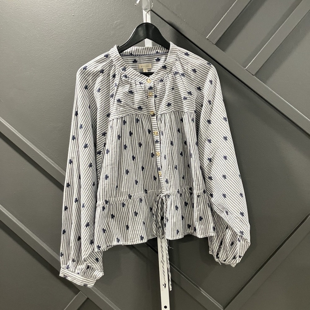 Pilcro Anthropologie Blouse Size L Blue White Stripe Embroidered Peplum Shirt